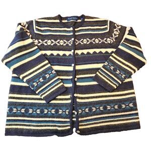KAREN SCOTT wool cardigan 1X striped fair isle button front cozy sweater